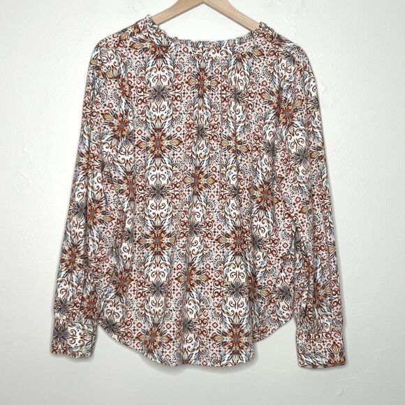 LOFT Womens Button Up Top XL Red Blue Floral Geometric Popover Boho Flowy - Picture 2 of 11